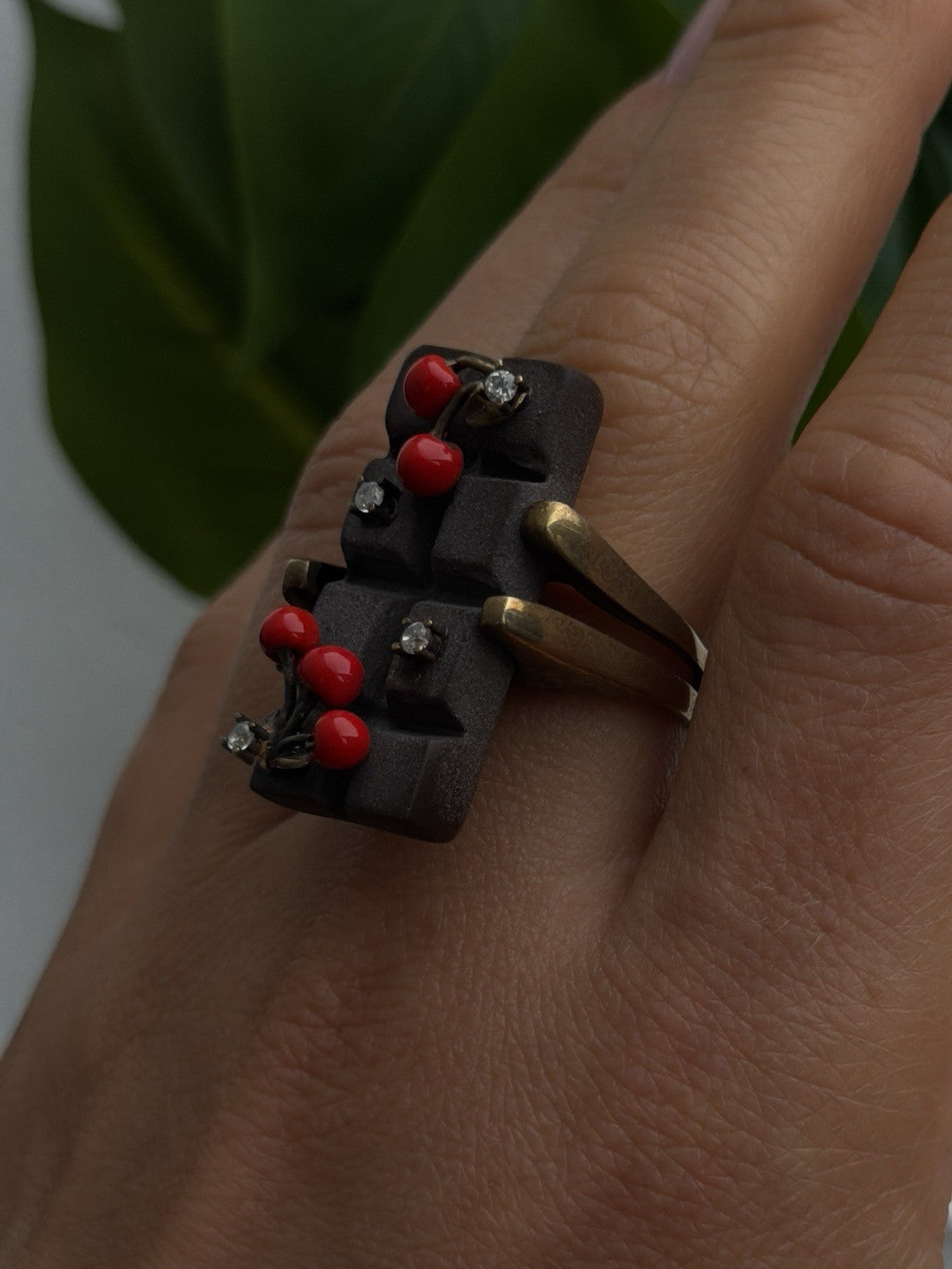 By Philippe Black Enamel & Red Bead Cherry 925 Sterling Silver Ring Size 8