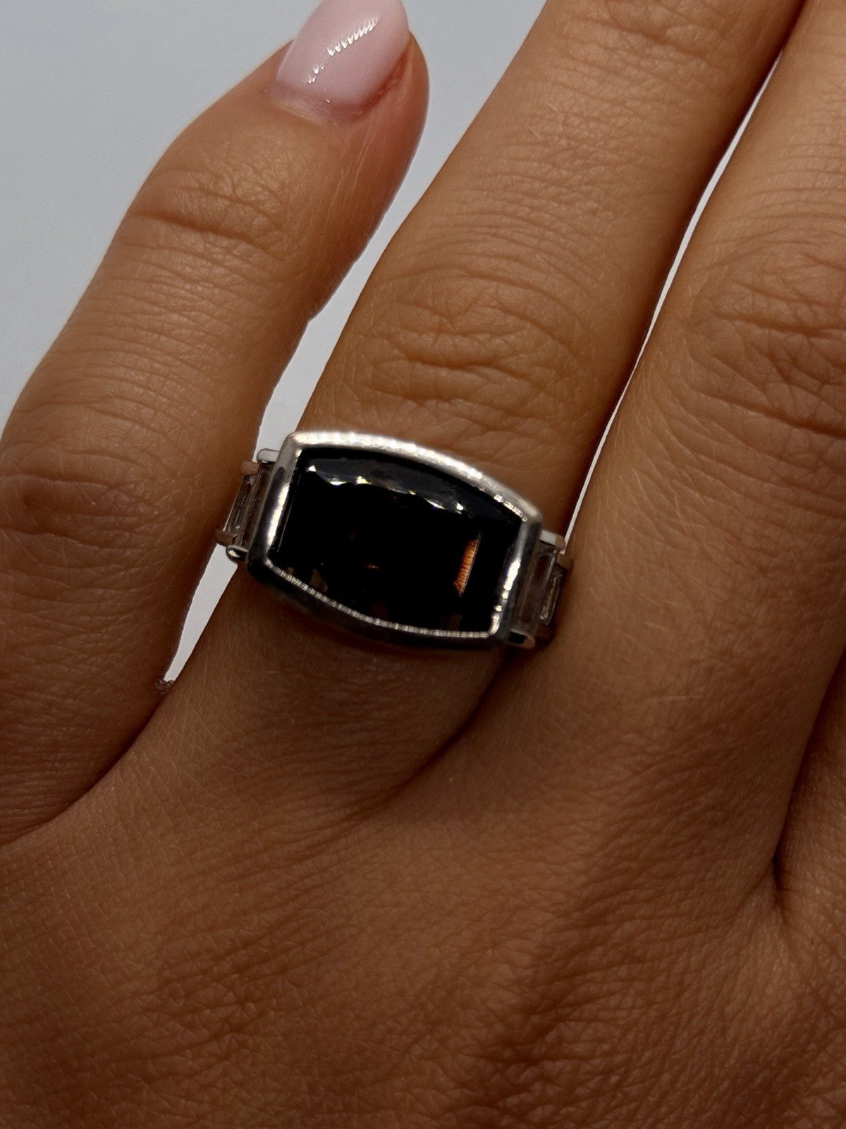 Art Deco 925 Sterling Silver Brown Smoky Quartz & White Topaz Ring Size 7