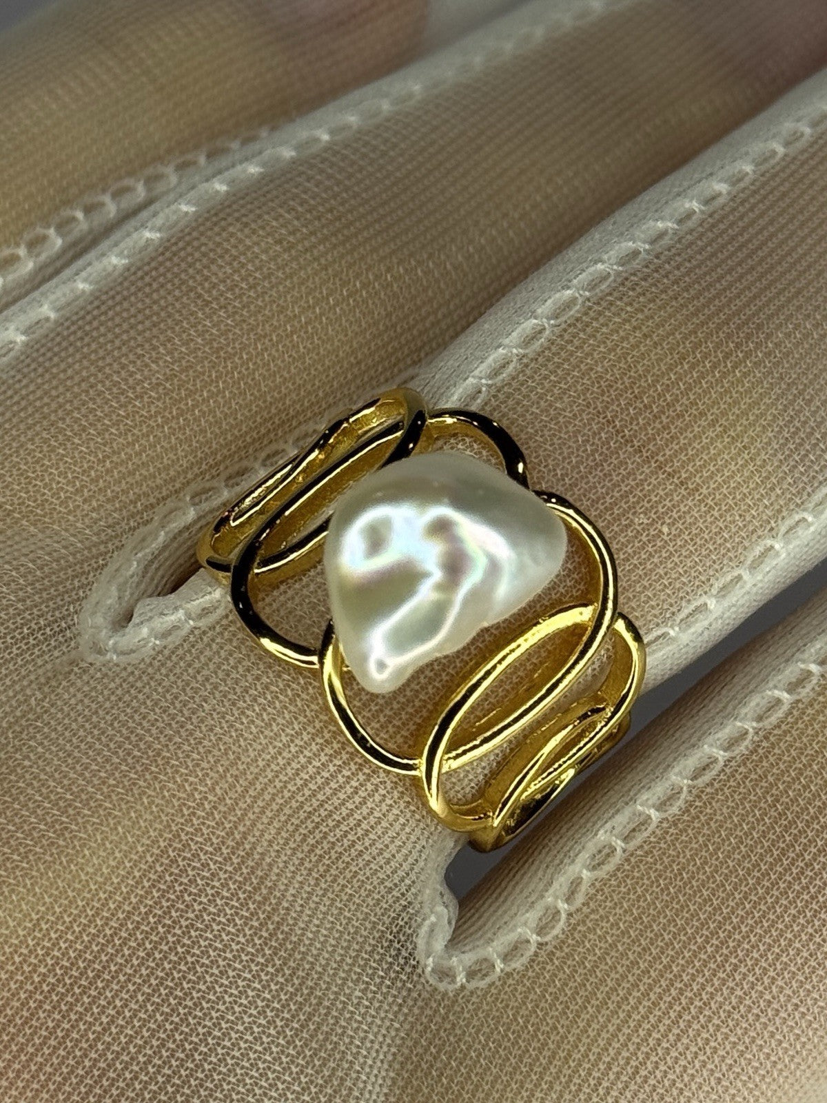 925 Sterling Silver Gold Plated Pearl  Ring Size Adjustable