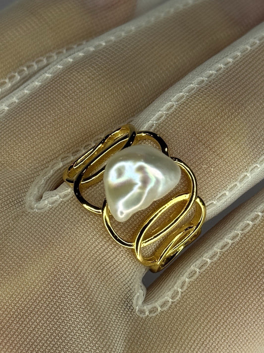 925 Sterling Silver Gold Plated Pearl  Ring Size Adjustable