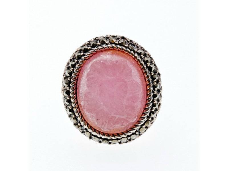 925 Sterling Silver Agate & Marcasites "Cameo" Ring Size 9.75