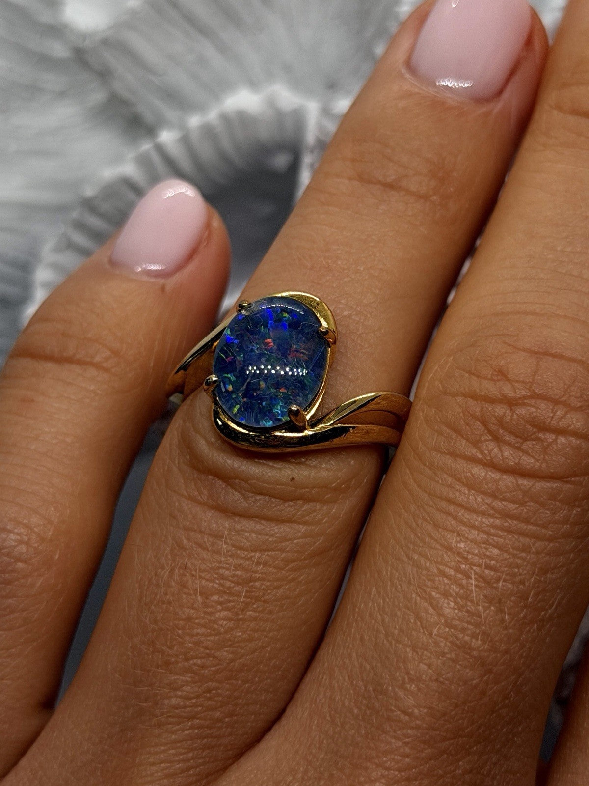 925 Sterling Silver Gold Plated Blue Opal Oval Ring Size 6