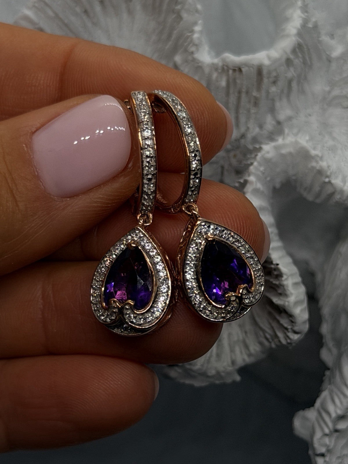 Rose Gold Plated Elegant 925 Sterling Silver Purple Amethyst & Beryl Earrings