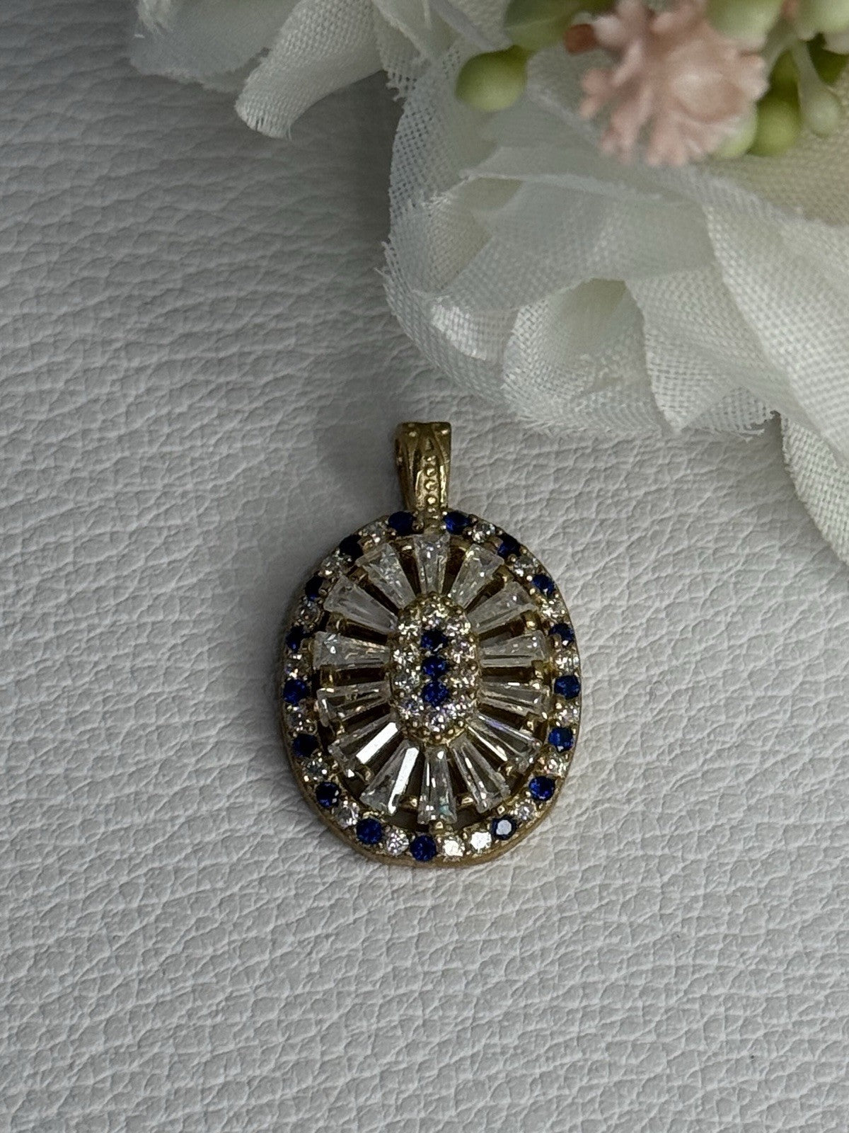 925 Sterling Silver Gold Plated Sapphire & Beryl Pendant Length 1 Inch