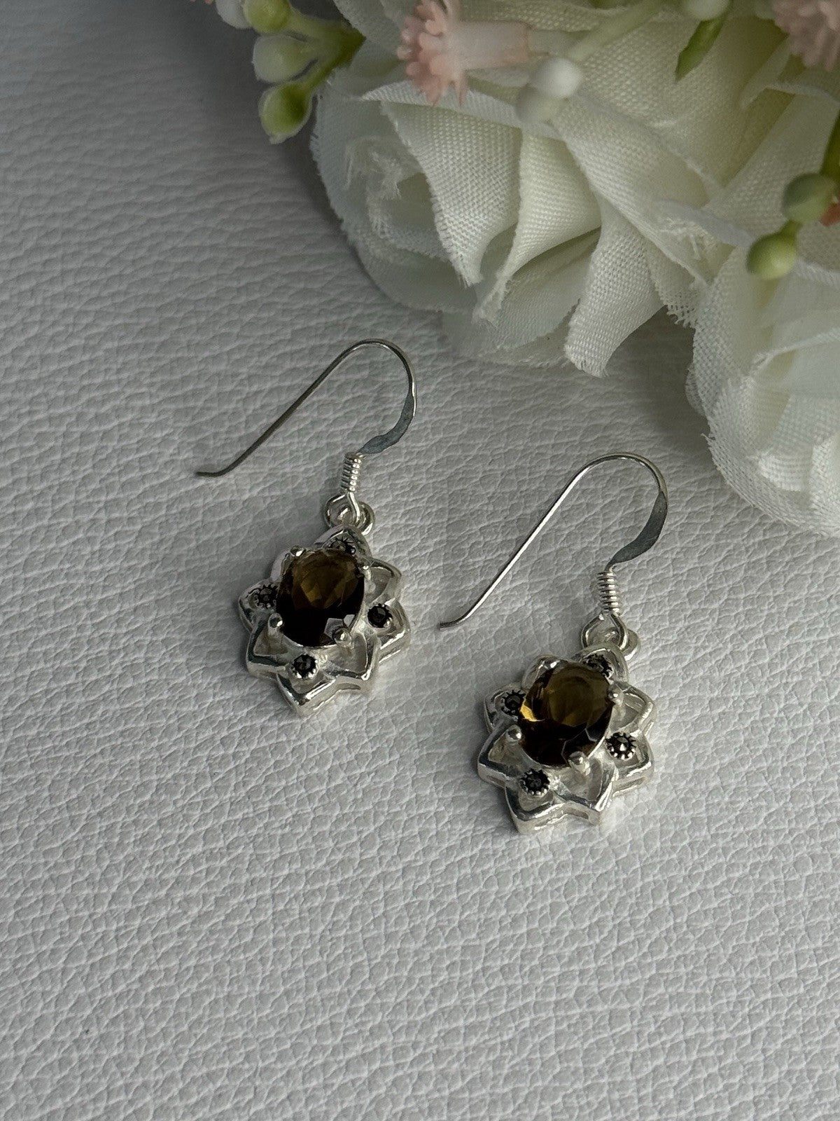 925 Sterling Silver Hessonite & Marcasite Earrings Length 1.10 Inch