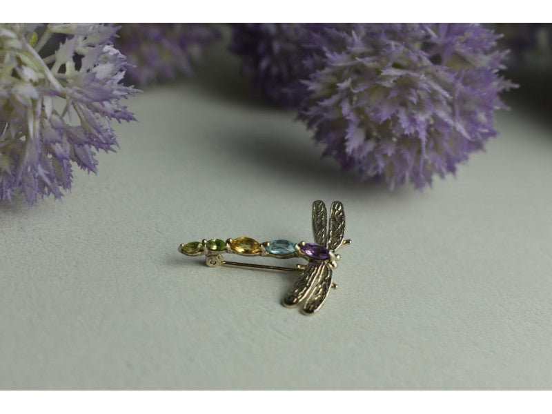 925 Sterling Silver Multi Gemstones "Dragonfly" Brooch