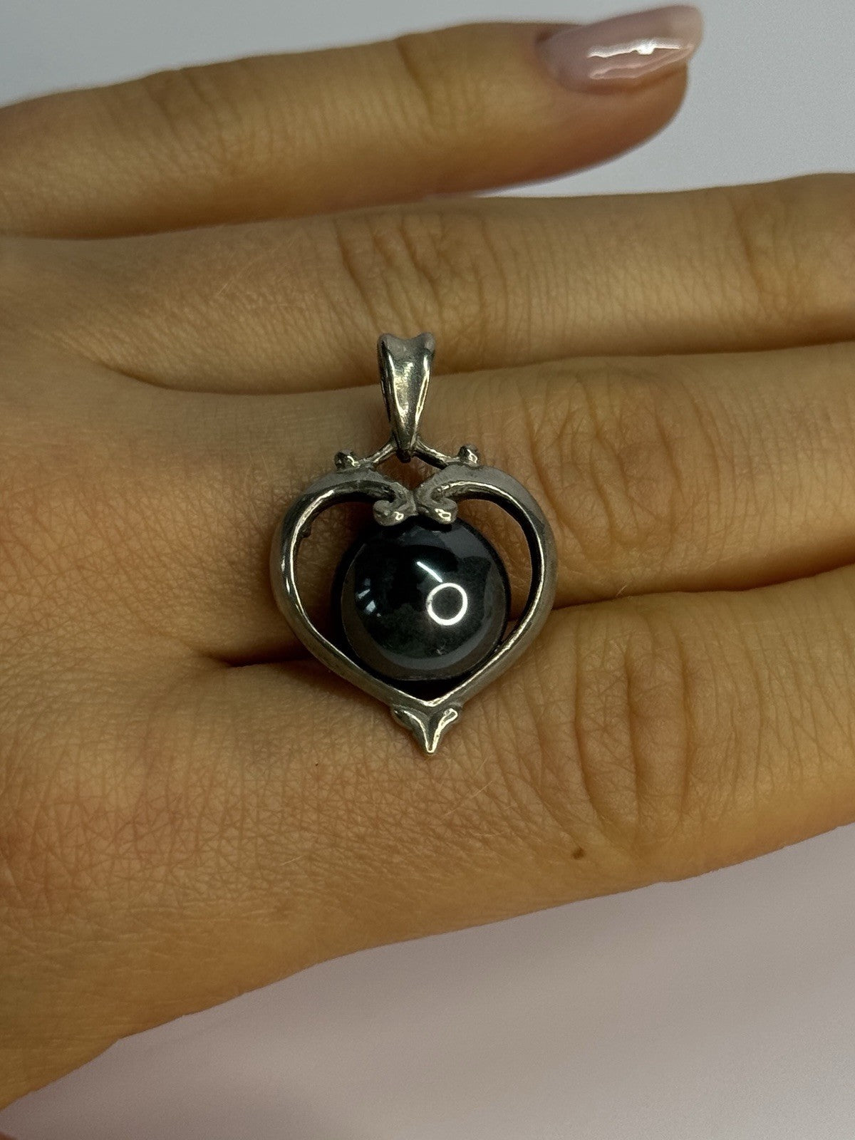925 Sterling Silver Hematite Heart Pendant Length 1.1 Inch