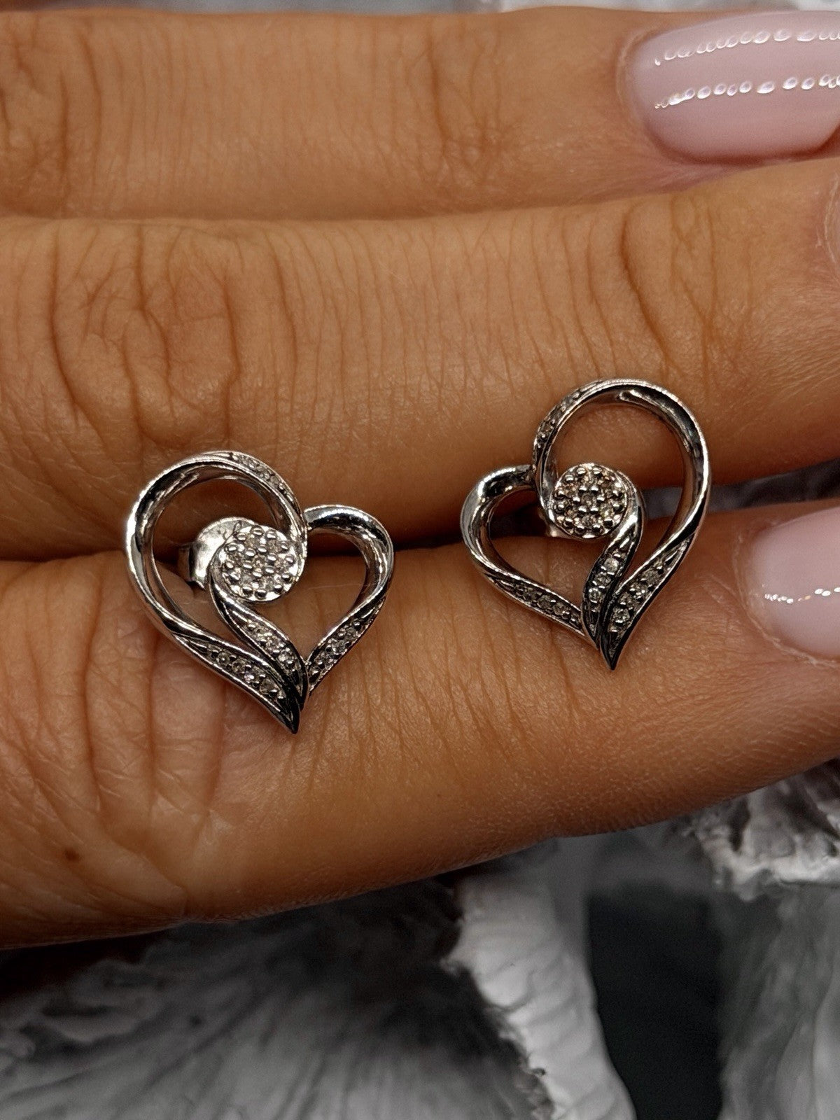 925 Sterling Silver Diamond Accent Open Heart Stud Earrings