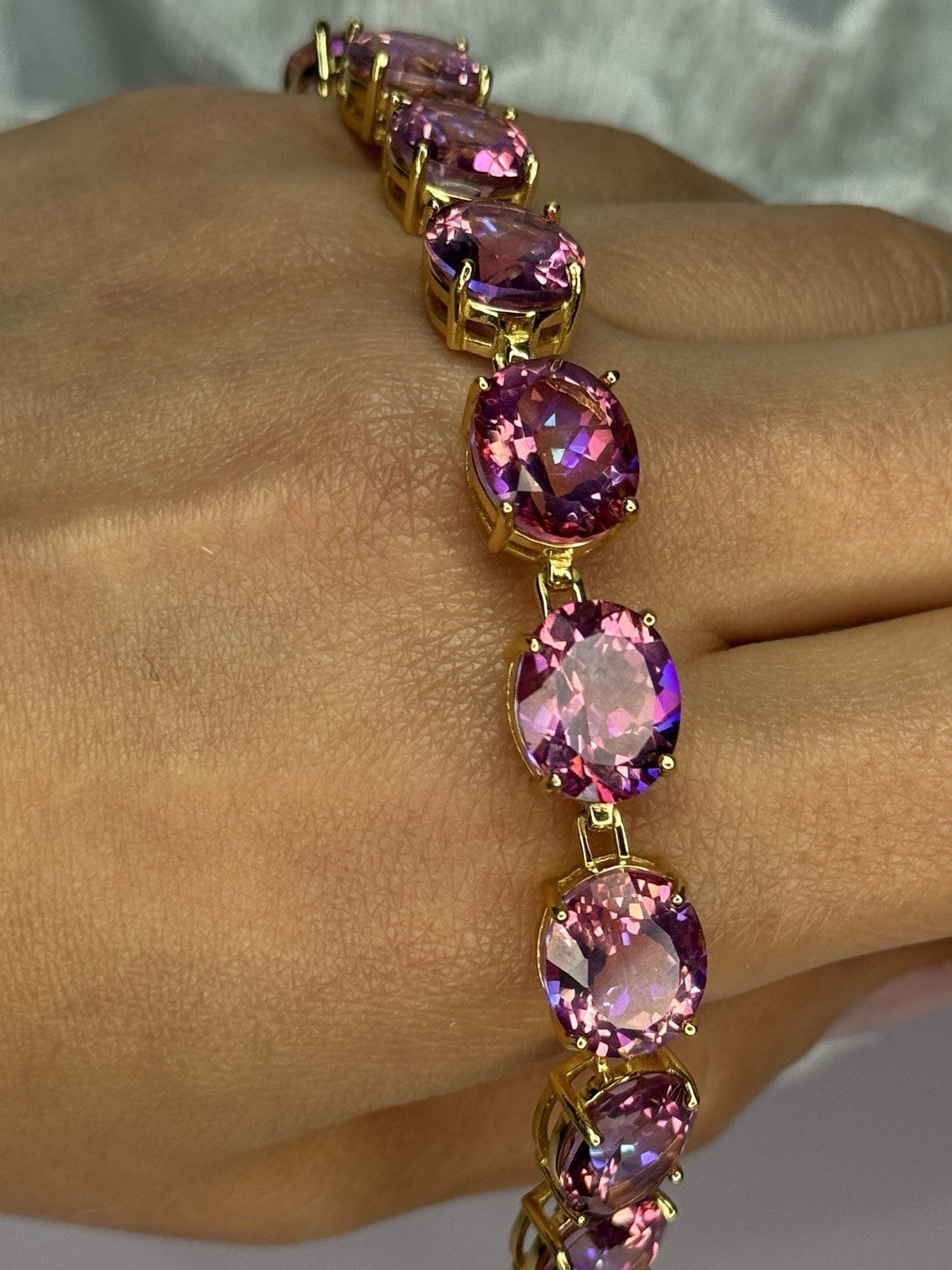 925 Sterling Silver Gold Plated Pink Mystic Topaz Bracelet Length 8.5 Inch