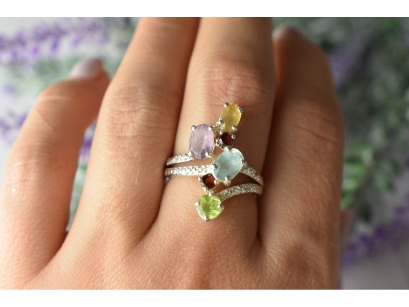 925 Sterling Silver Multi Gemstones Ring Size 8