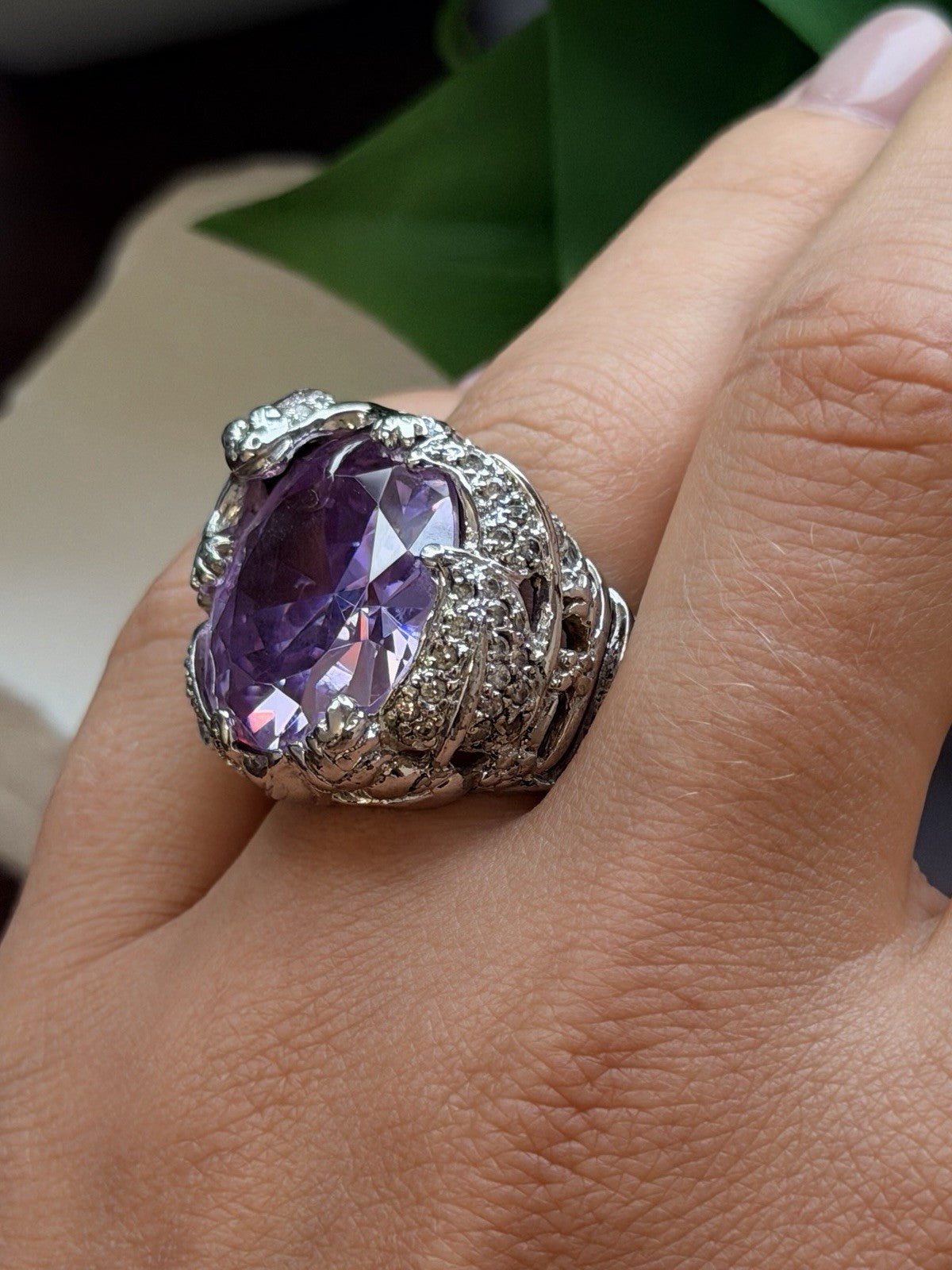 925 Sterling Silver Frog Ring Large Purple Amethyst & White Clear Beryl Size 7