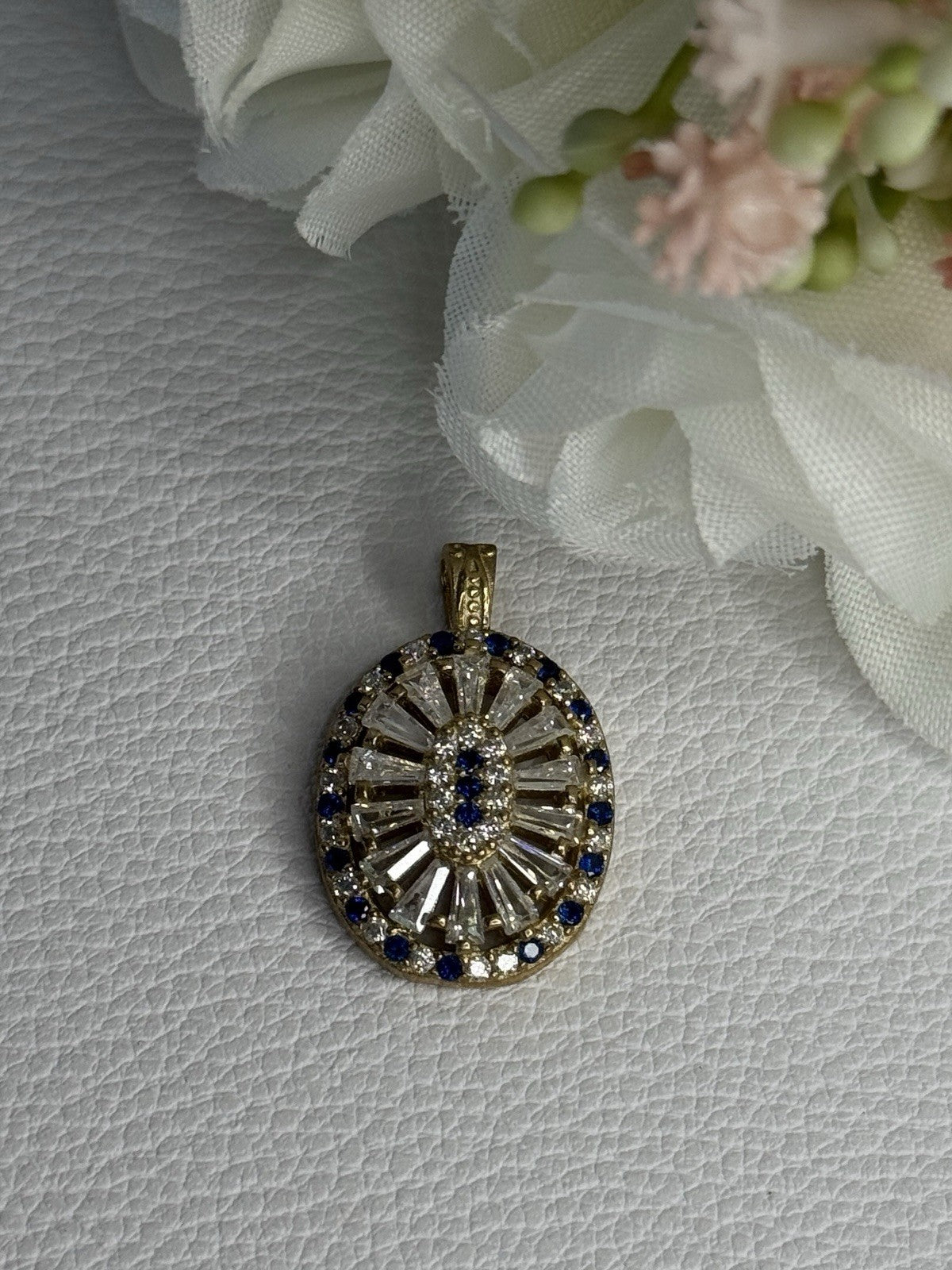925 Sterling Silver Gold Plated Sapphire & Beryl Pendant Length 1 Inch