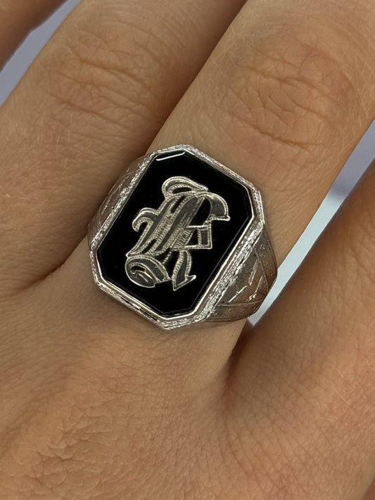 10K WHITE GOLD VINTAGE ART DECO BLACK ONYX RING SIZE 8