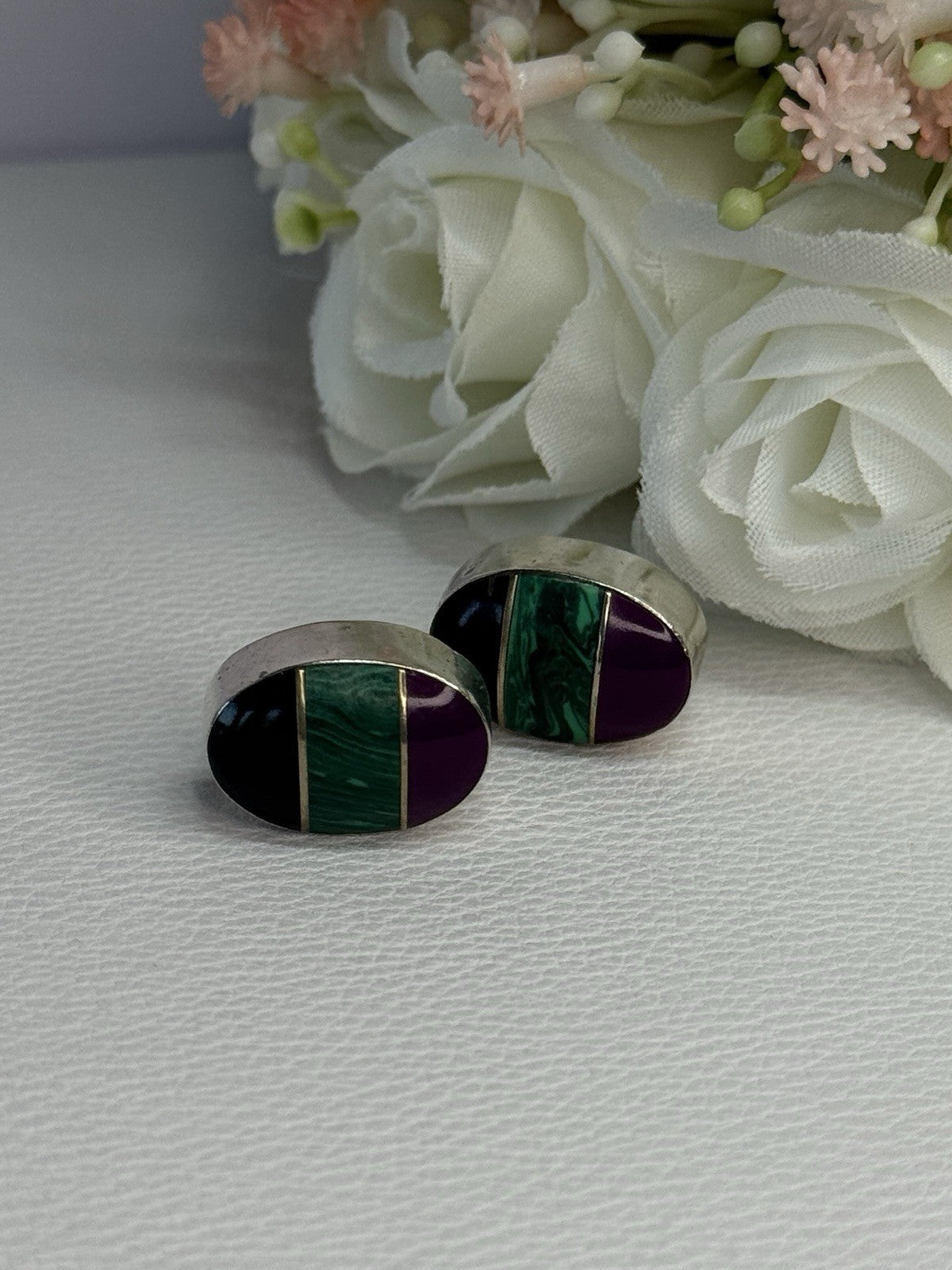 Vintage 925 Sterling Silver Onyx Malachite Agate Earrings Length 0.75 Inch