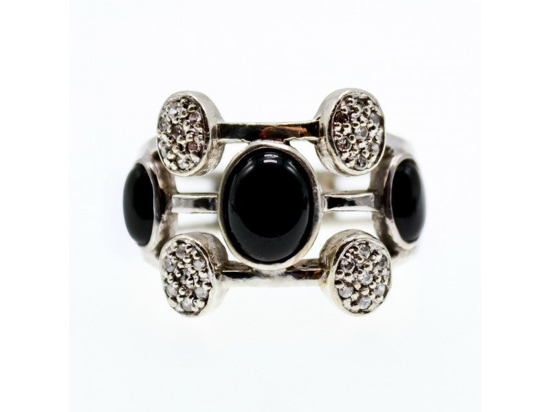 925 Sterling Silver Onyx and Goshenite Ring Size 7.5