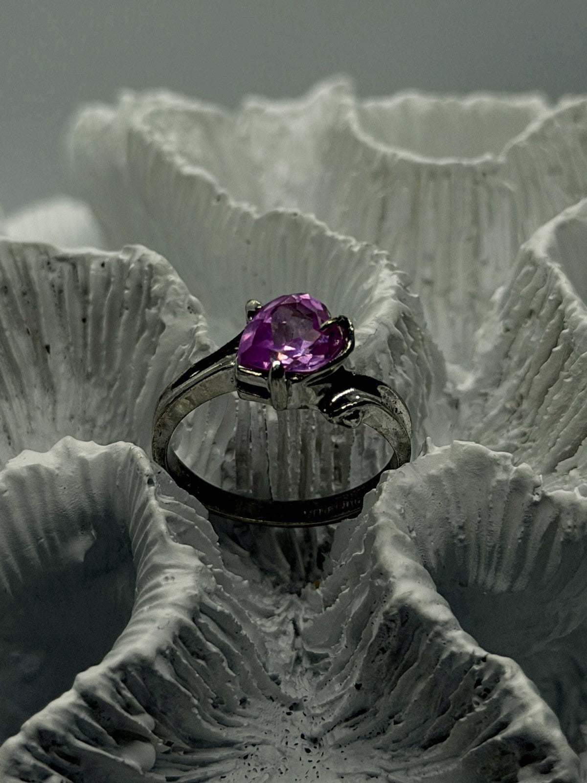 925 Sterling Silver Heart Shaped Pink Sapphire Ring Size 8