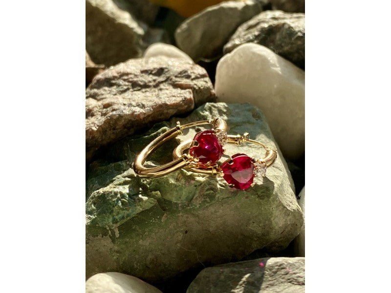 10K Yellow Gold Rubies & Diamonds Hearts Earrings