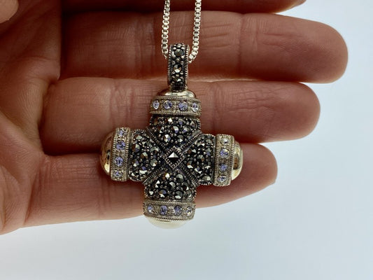 925 Sterling Silver CZ & Marcasites Chain With Cross