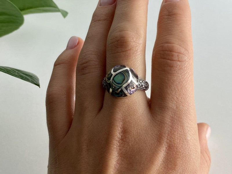 925 Sterling Silver Haliotis & Marcasites Ring Size 8.5