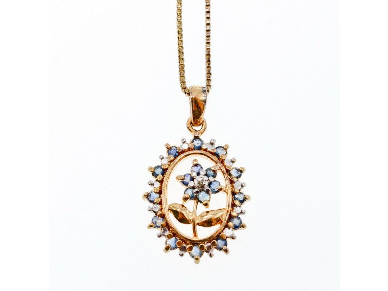 925 Sterling Silver Gold Plated Sapphires "Flower" Chain With Pendant Italy