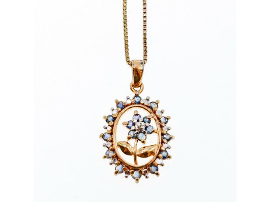 925 Sterling Silver Gold Plated Sapphires "Flower" Chain With Pendant Italy