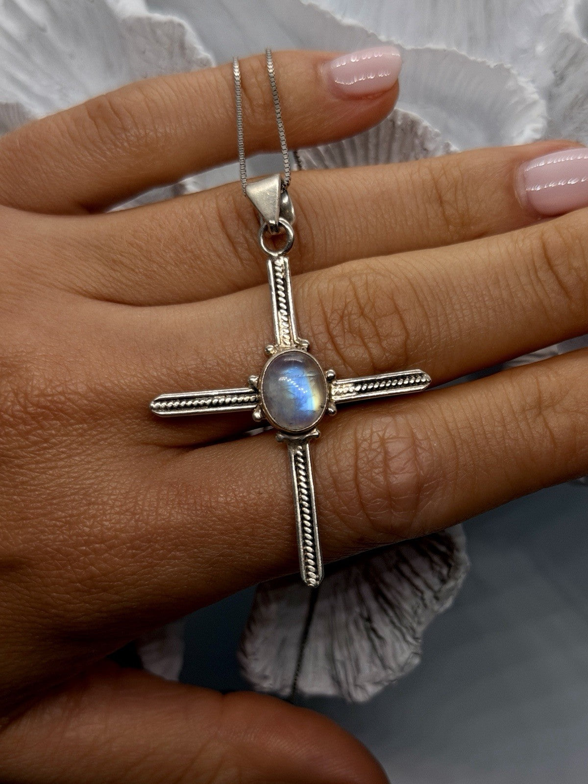 925 Sterling Silver Moonstone Cross Necklace