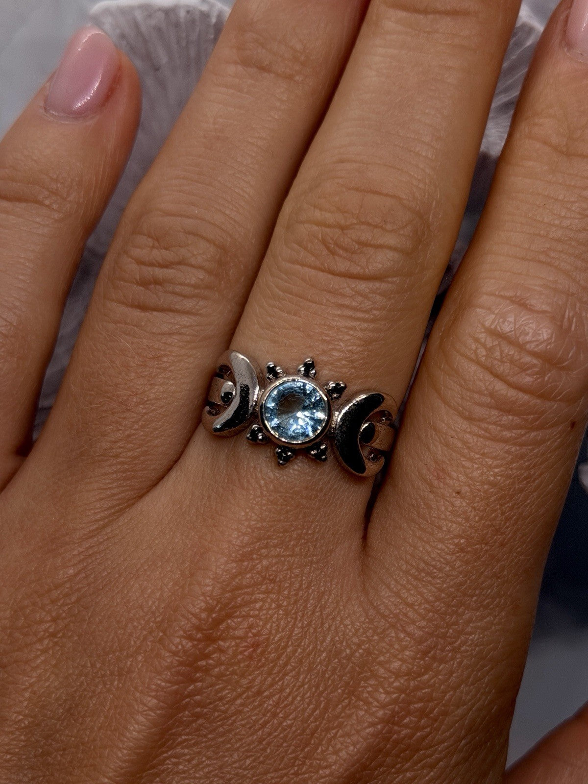 925 Sterling Silver Ring Round Blue Topaz & Sapphire Ornate Swirl Design Size 8