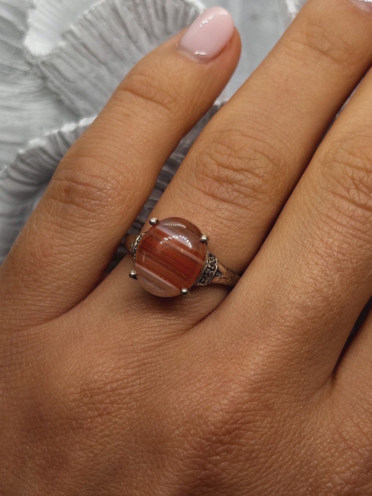925 Sterling Silver Carnelian & Marcasites Ring Size 7