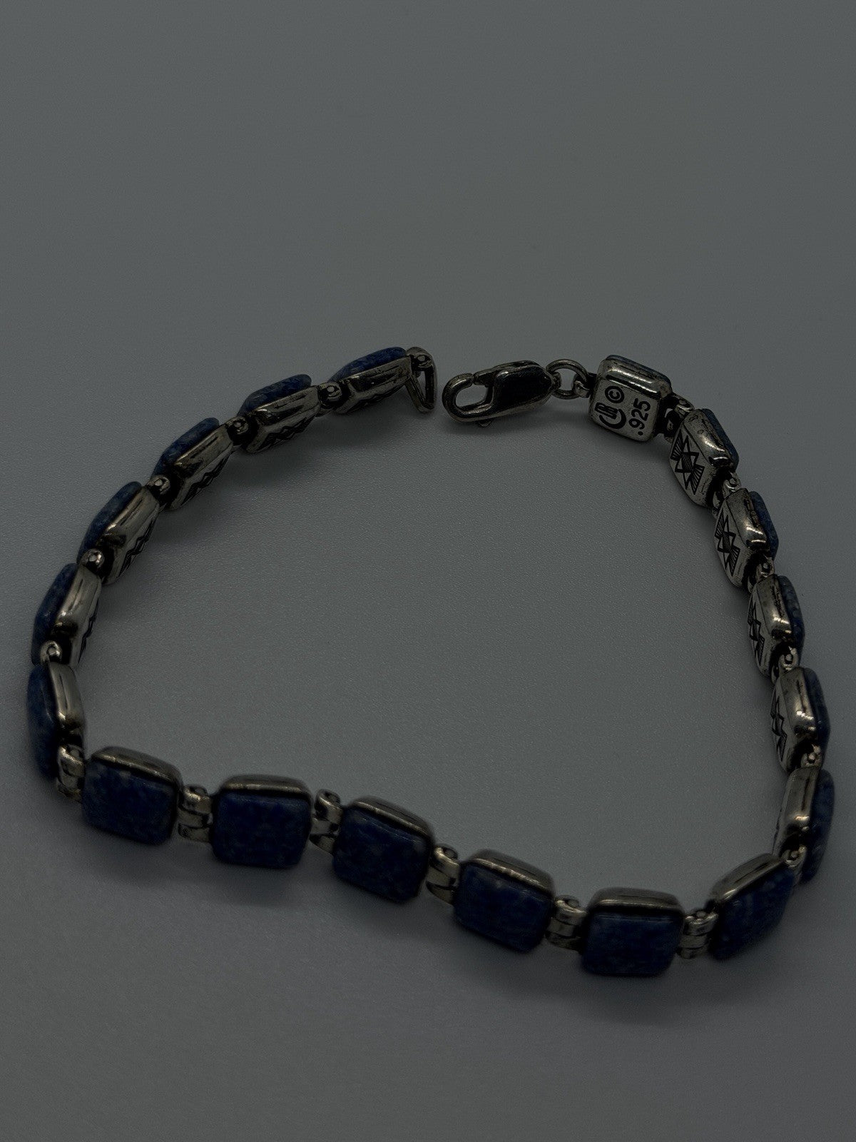 Geometric Southwestern 925 Sterling Silver Lapis Lazuli Square Link Bracelet 7.5