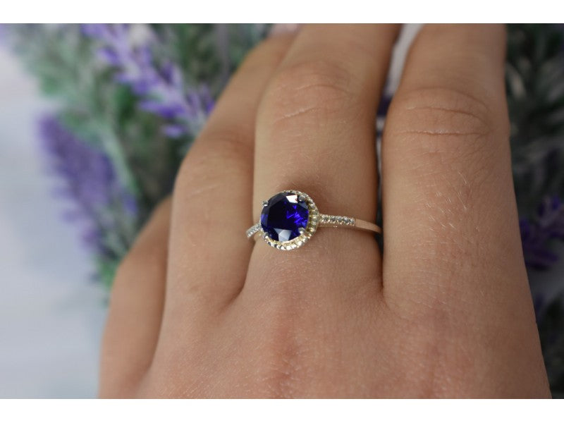 925 Sterling Silver Sapphire Classic Ring Size 8