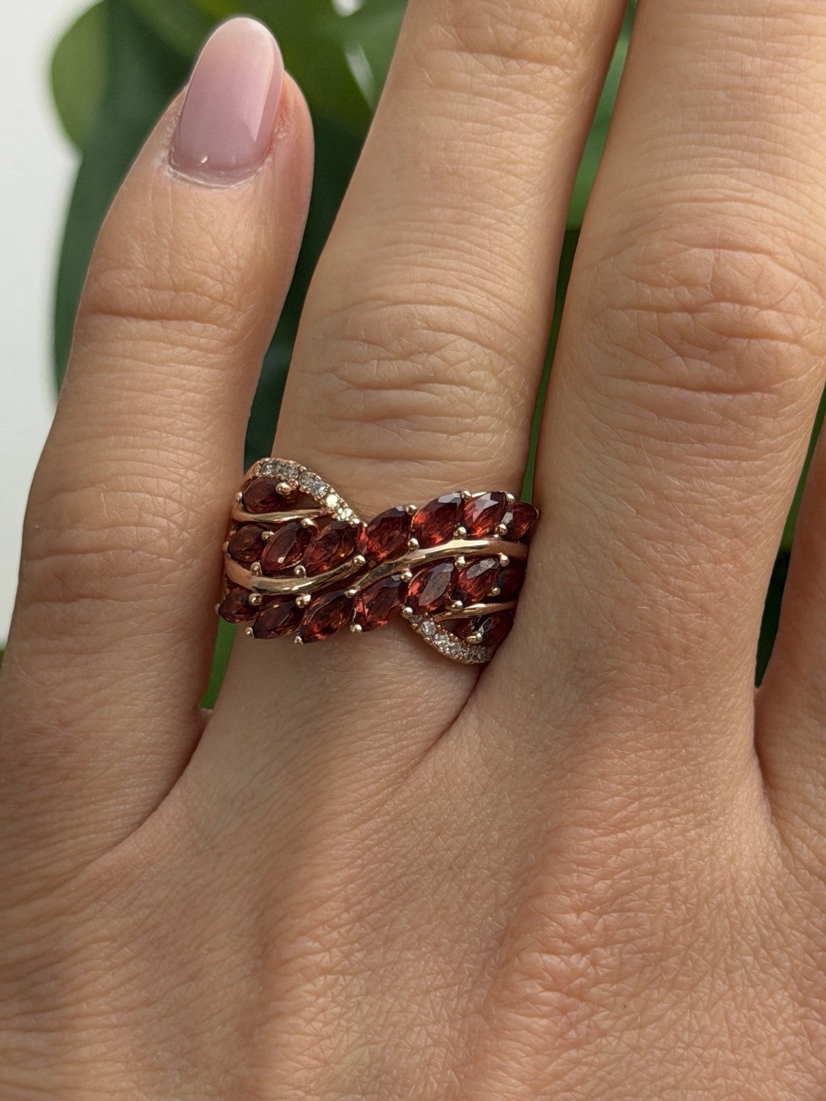 925 Sterling Silver Rose Gold Plated Garnet & Beryl Ring Size 7