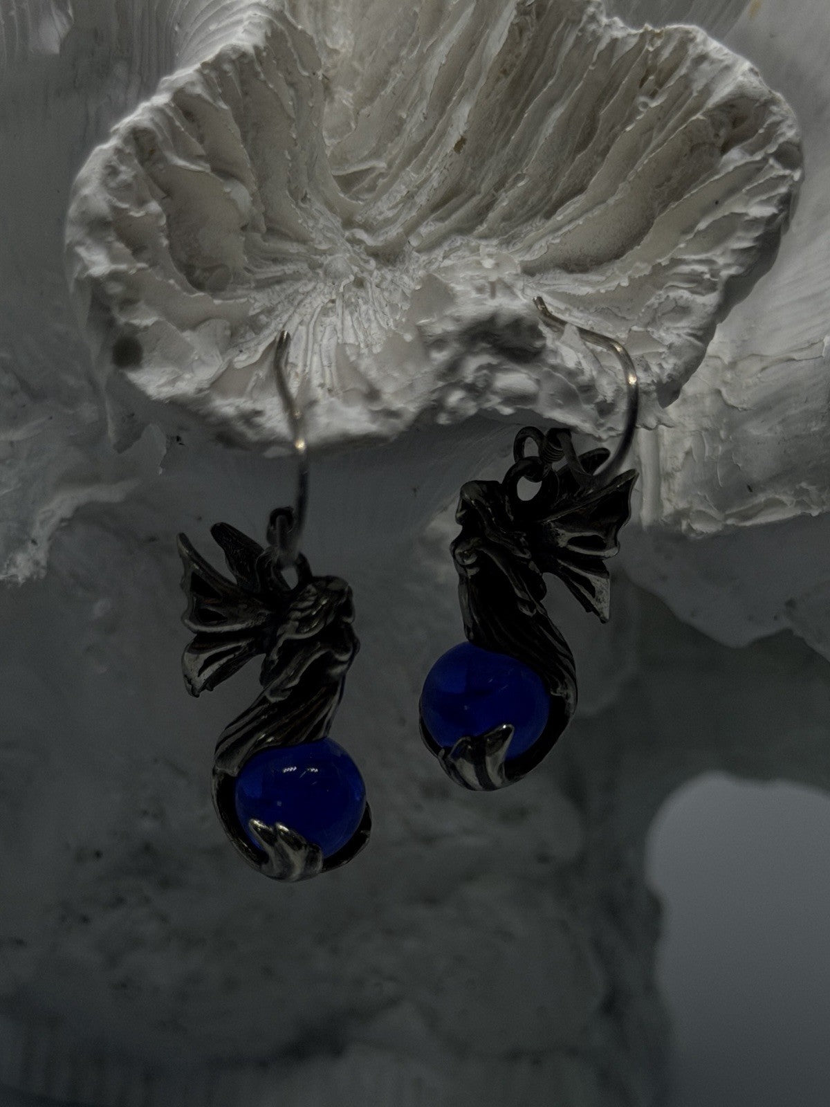 Vintage 925 Sterling Silver Fairy Blue Glass Orb Dangle Earrings Art Nouveau