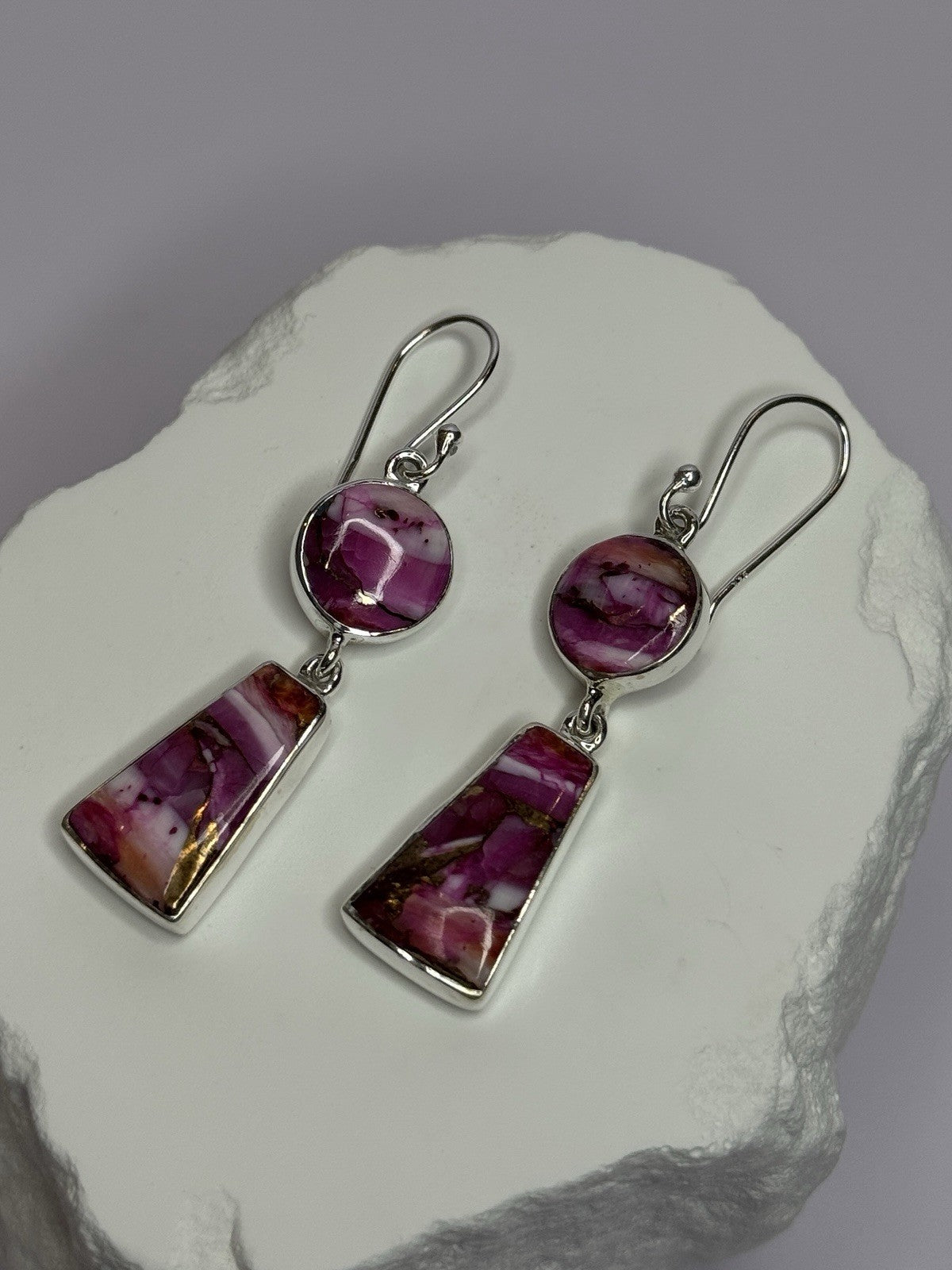 925 Sterling Silver Pink Oyster Turquoise Earrings Length 2 Inch