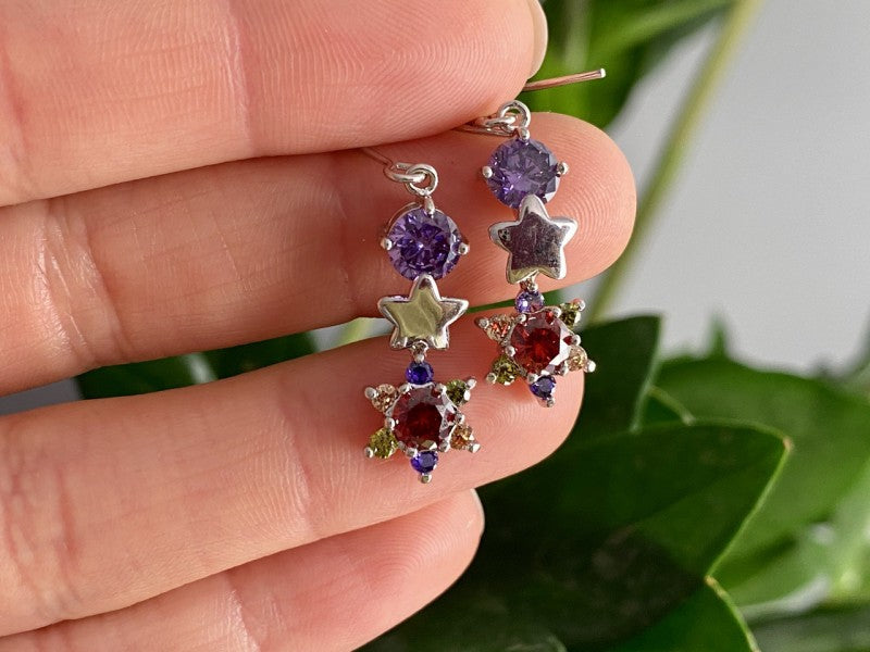 Dangle Earrings with Multicolor CZ  "Flowers & Stars"