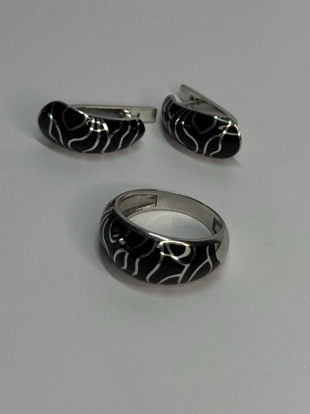 925 Sterling Silver Enamel Ring & Earrings Set Size 9