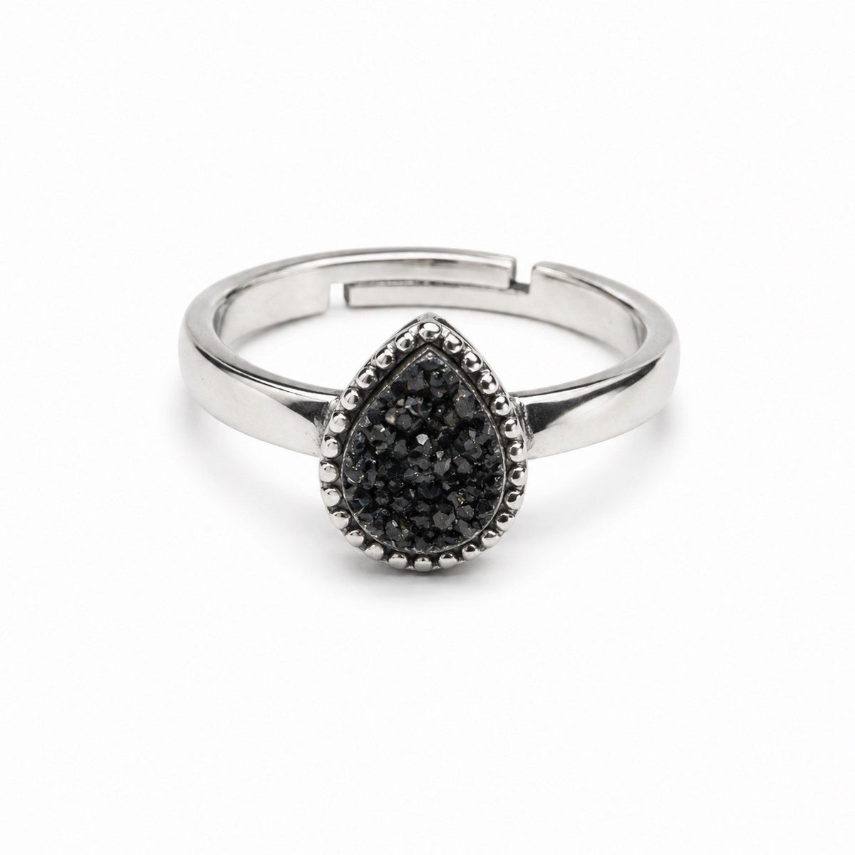Adjustable 925 Sterling Silver Black Druzy Pear Ring
