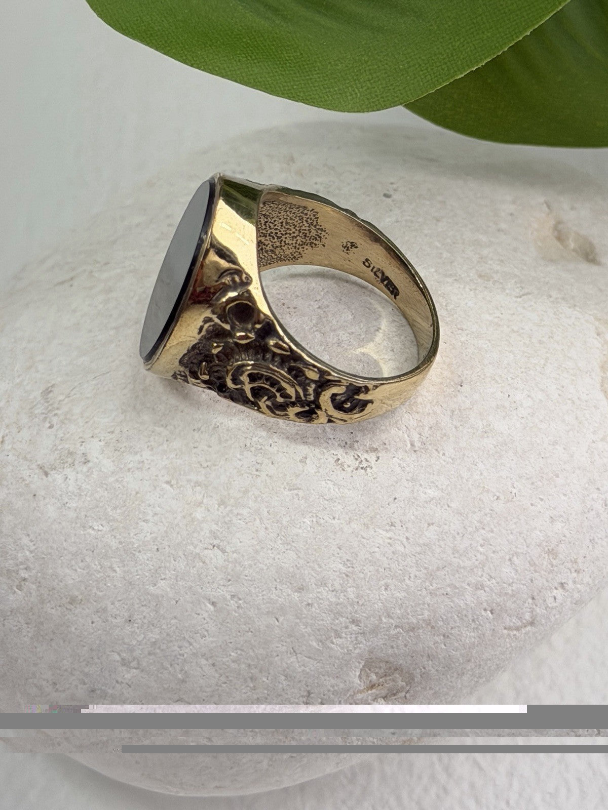 Men's 925 Sterling Silver Gold Plated Black Onyx Ring Size 9
