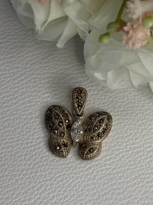 925 Sterling Silver Butterfly Beryl & Marcasite Pendant Length 0.90 Inch