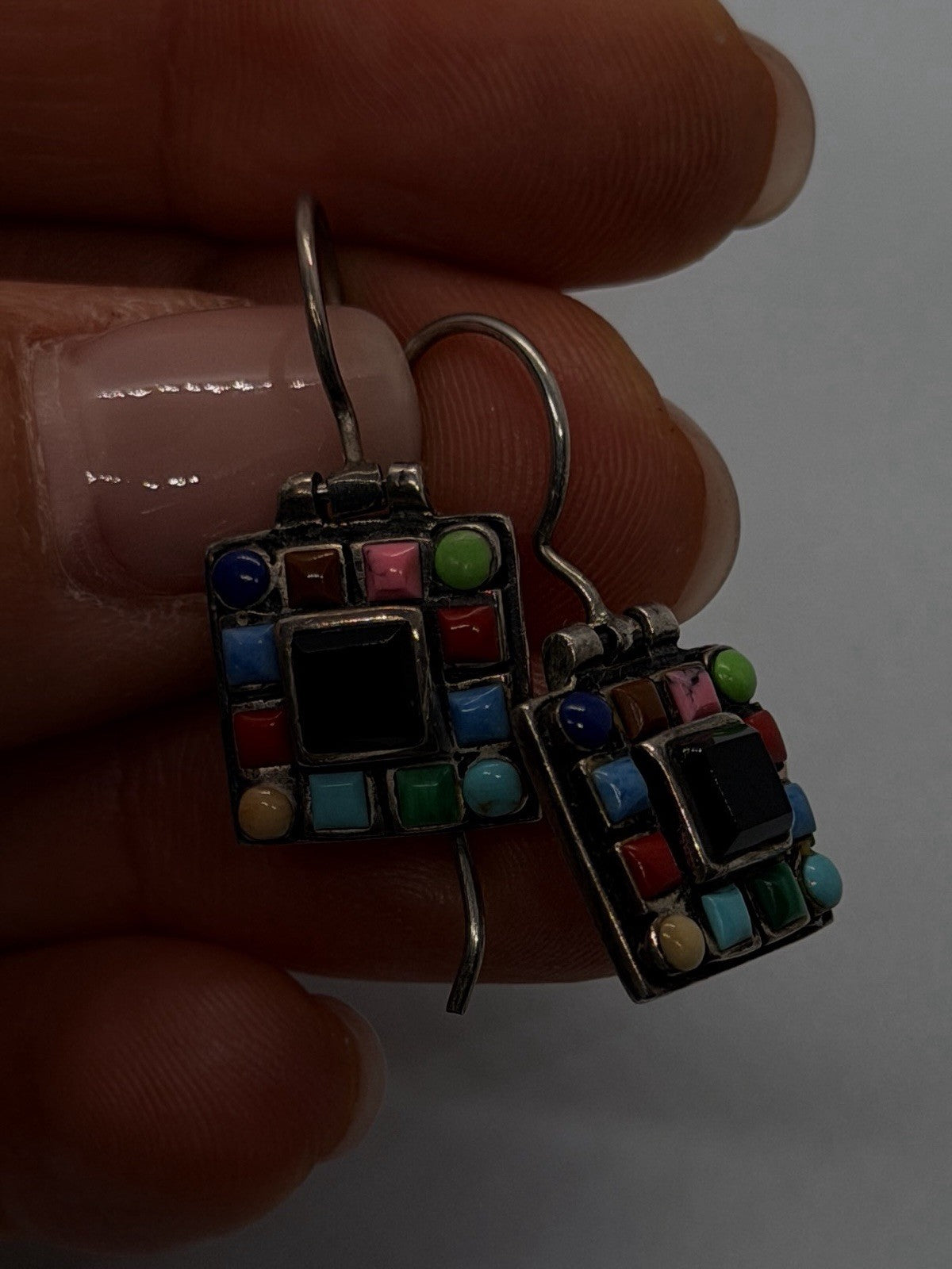 925 Sterling Silver Multi-Stone Mosaic Earrings Colorful Agate & Black Onyx