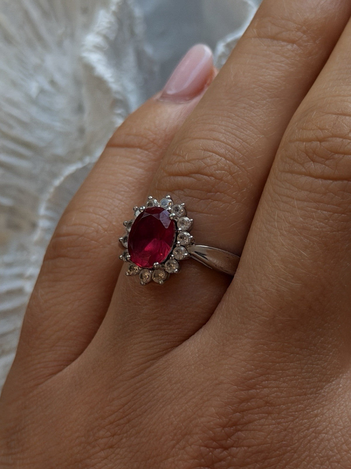 925 Sterling Silver Ruby & Beryl Flower Ring Size 7