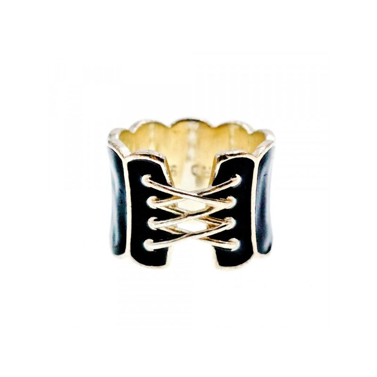 925 Sterling Silver Black Enamel "Corset" Ring Size 7