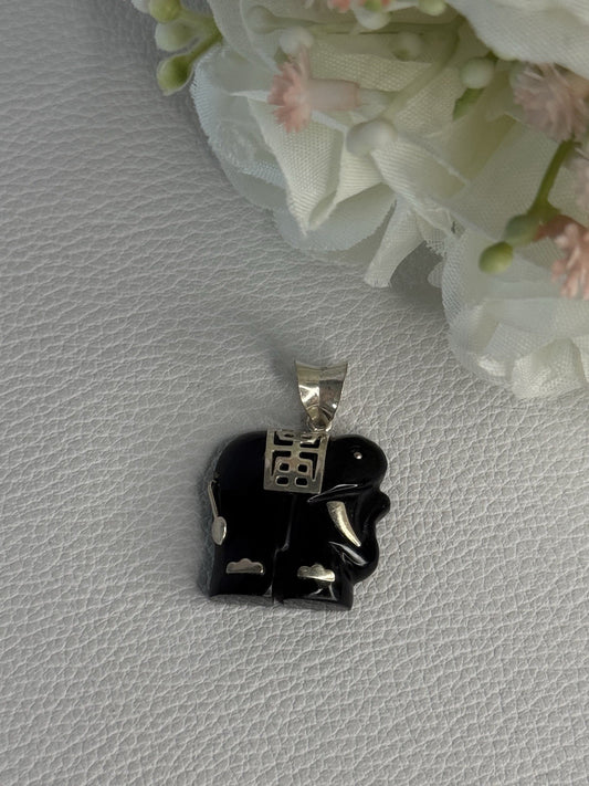925 Sterling Silver Onyx Elephant Pendant Length 1.10 Inch