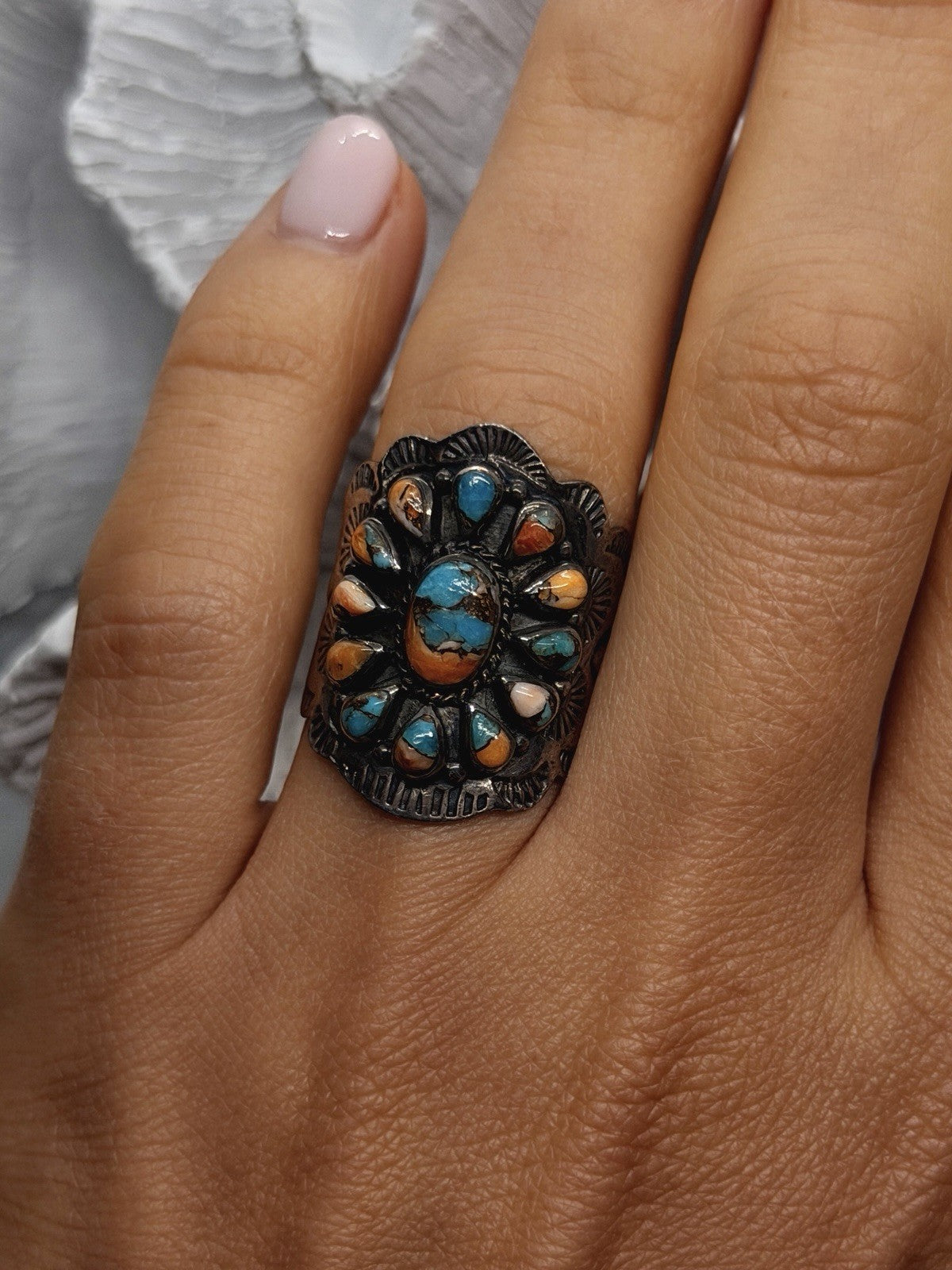 Southwestern Floral 925 Sterling Silver Turquoise Spiny Oyster Ring Size 8