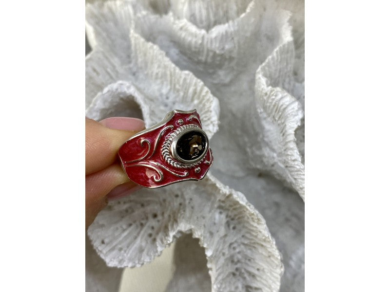 925 Sterling Silver Hessonite & Red Enamel Ring Size 9.5
