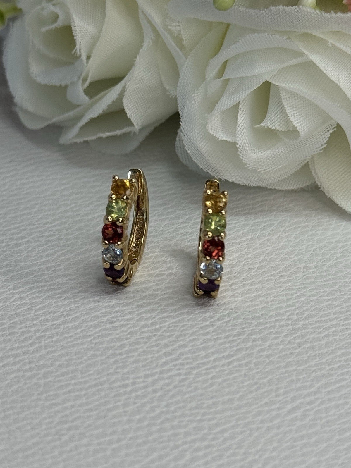 925 Sterling Silver Gold Plated Multicolor Stones Earrings Length 0.62 Inch