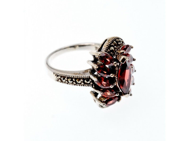 925 Sterling Silver Spessartine & Marcasites Ring Size 6.5