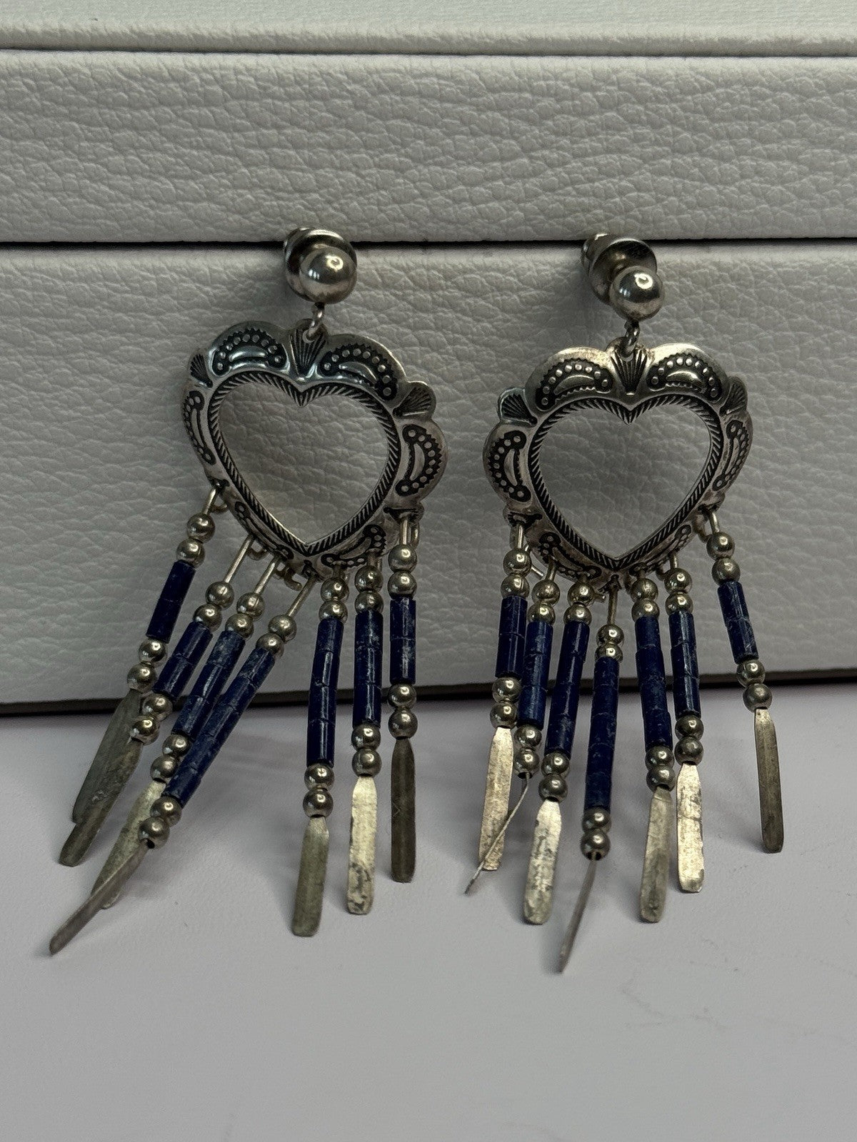 Vintage Native American 925 Sterling Silver Lapis Earrings Length 2.50 Inch