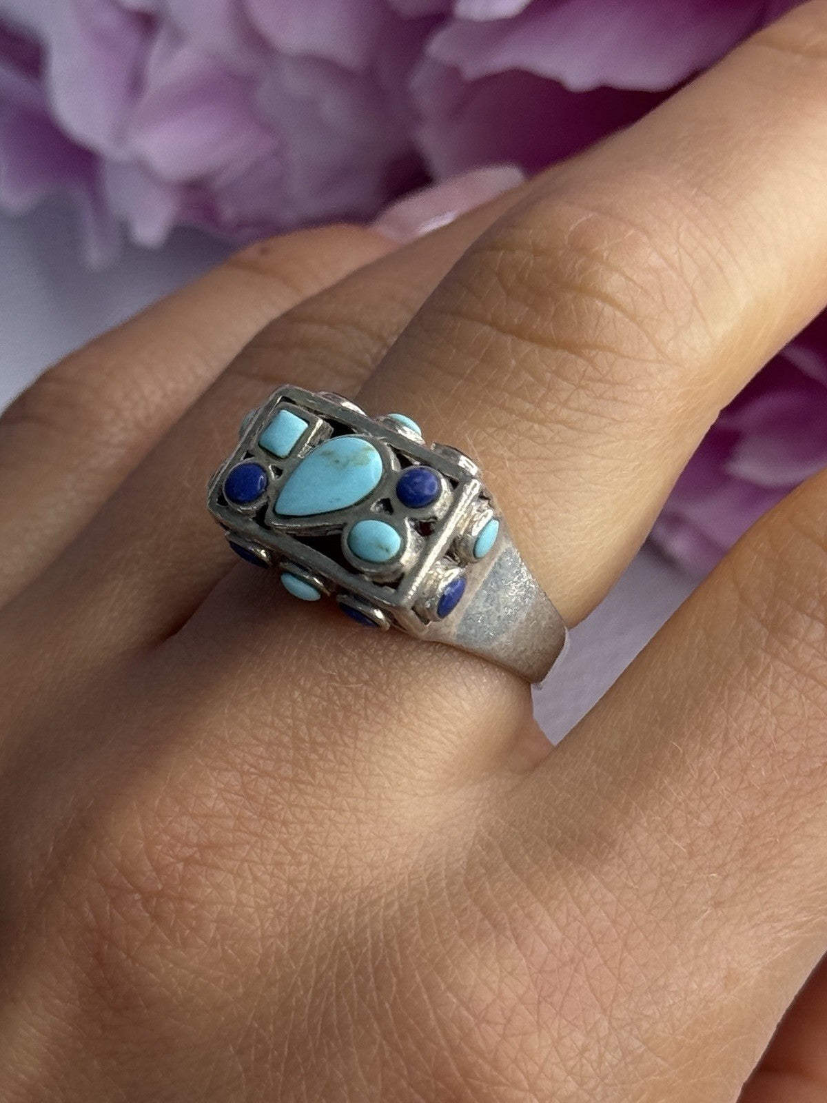 925 Sterling Silver Turquoise & Sodalite Ring Size 7.5