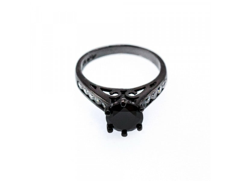 Black 925 Sterling Silver Spinel & CZ Ring Size 9.25