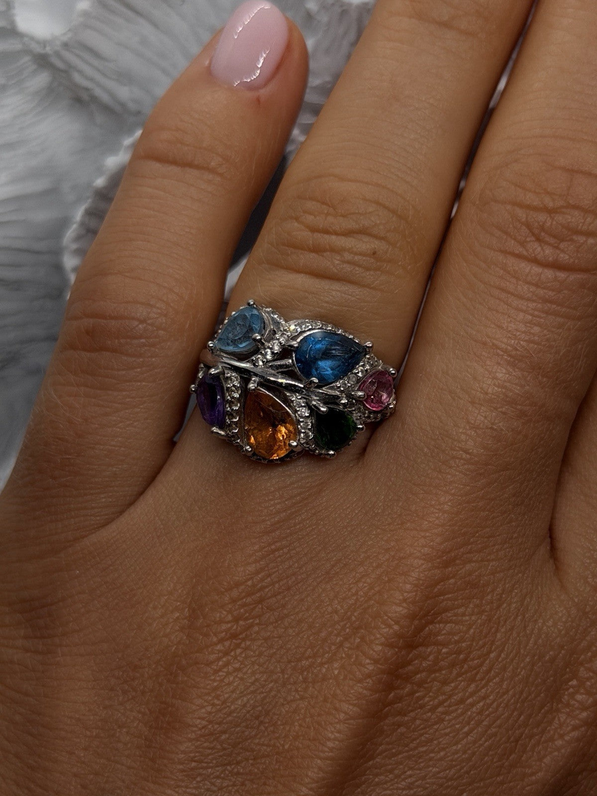 925 Sterling Silver Multi Color Tourmaline  Ring Size 6 Floral Design